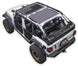 Sun Shade for Jeep Wrangler JLU 4-Door by SPIDERWEBSHADE, stock-printed shade top installed on white Wrangler