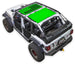 Sun shade by SpiderWebShade for Jeep Wrangler JLU 4-Door; neon green printed panels on white Jeep.