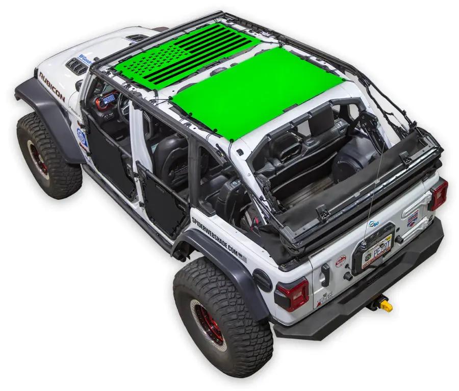 Sun shade by SpiderWebShade for Jeep Wrangler JLU 4-Door; neon green printed panels on white Jeep.