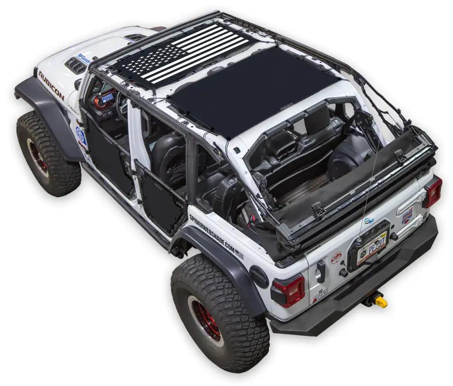 Sun Shade for Jeep Wrangler JLU 4-Door by SpiderWebShade; stock printed shade top on white Jeep