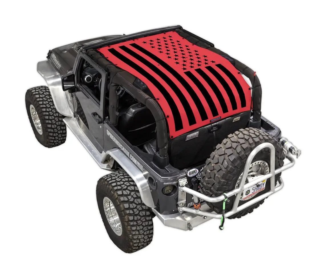 Sun Shade for Jeep Wrangler JK 2-Door by SPIDERWEBSHADE; stock-printed American flag-style red and black top