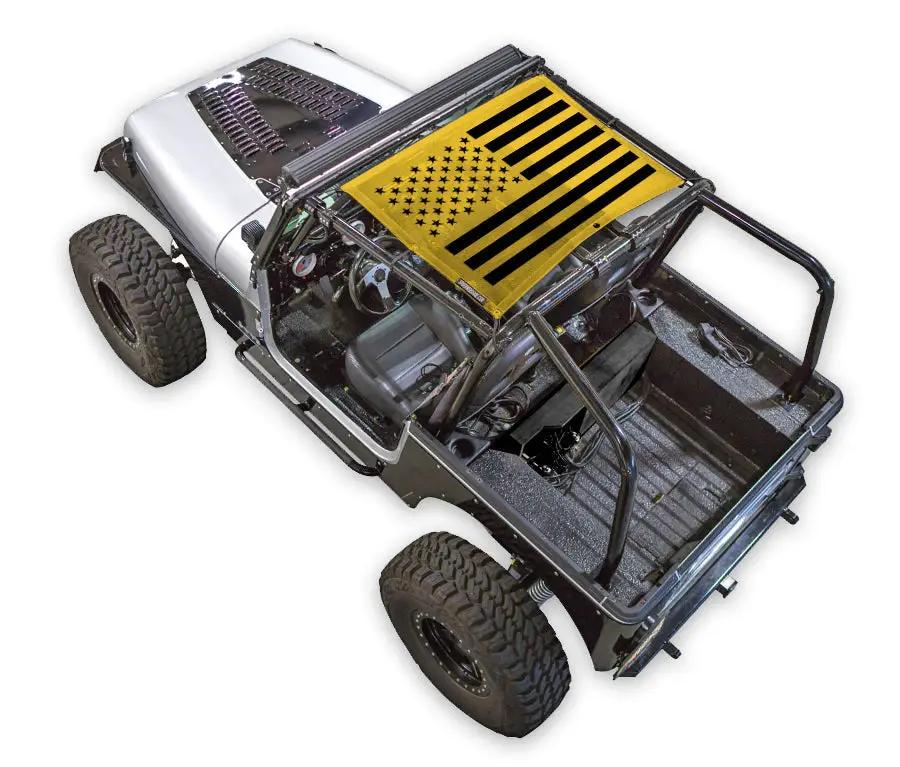 Sun shade top by SPIDERWEBSHADE for Jeep Wrangler YJ (1987–1996) with yellow flag print