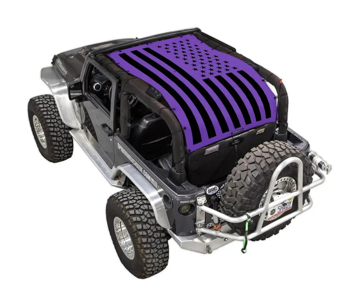 Sun shade top for Jeep Wrangler JK 2-Door by SPIDERWEBSHADE, purple stock-printed American flag design.