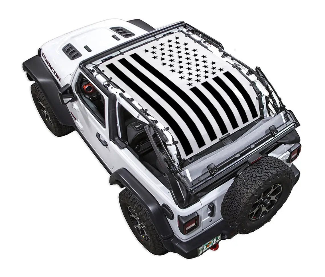 SpiderWebShade sun shade top for Jeep Wrangler JL 2-Door; black and white flag-print shade on white Jeep