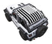 SpiderWebShade sun shade top for Jeep Wrangler JL 2-Door; black and white flag-print shade on white Jeep