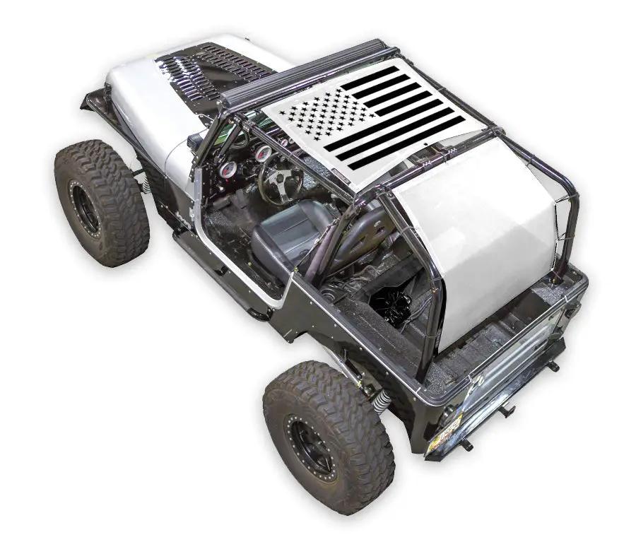 Sun Shade for Jeep Wrangler YJ, stock printed shade top by SPIDERWEBSHADE with US flag design