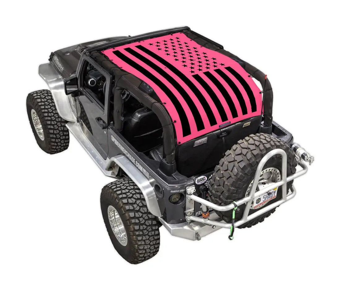 Sun shade by SPIDERWEBSHADE for Jeep Wrangler JK 2-Door; pink printed shade top with black stripes