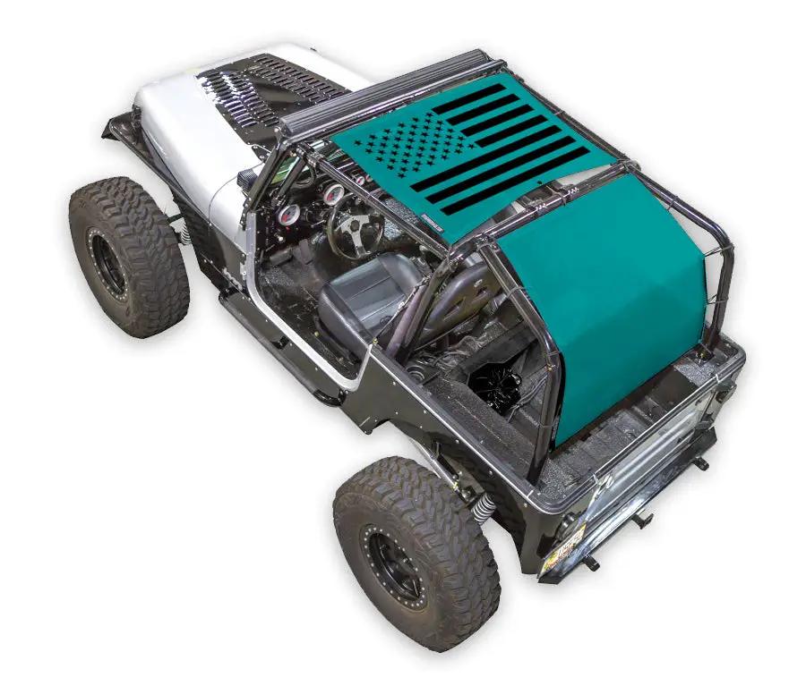 SPIDERWEBSHADE Sun Shade for Jeep Wrangler YJ (1987–1996); teal stock-printed shade top with US flag motif