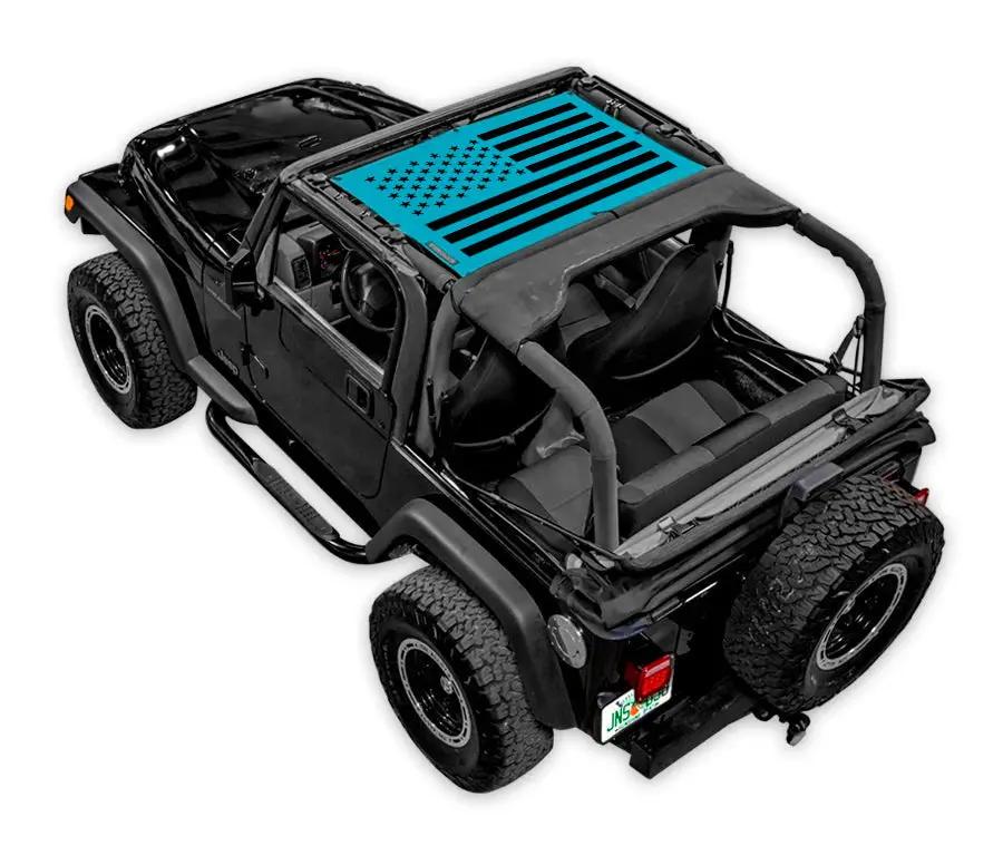 Sun shade by SpiderWebShade for Jeep Wrangler TJ (1997–2006); blue printed American flag design on top.
