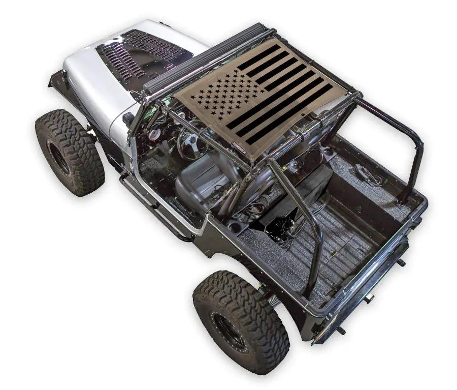 Sun shade top for Jeep Wrangler YJ (1987–1996) with American flag print on tan background by SpiderWebShade