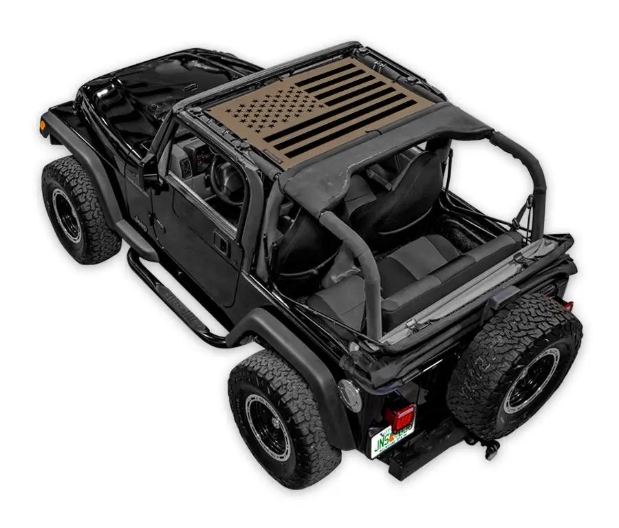 Sun Shade for Jeep Wrangler TJ by SpiderWebShade, tan flag-printed top.