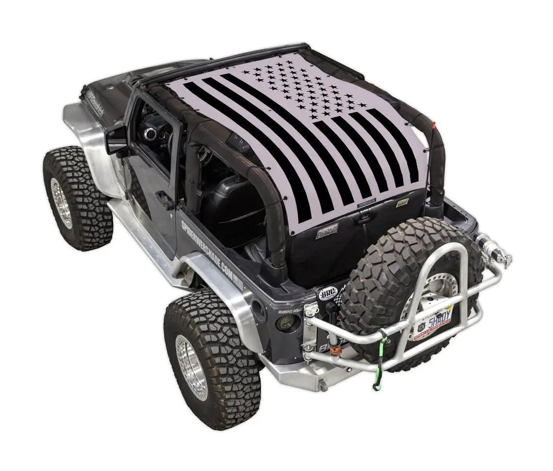 Sun shade top SPIDERWEBSHADE for Jeep Wrangler JK 2-Door with printed American flag design.