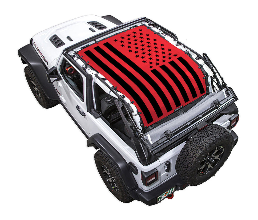 Sun shade for Jeep Wrangler JL 2-Door by SpiderWebShade, red and black American flag print