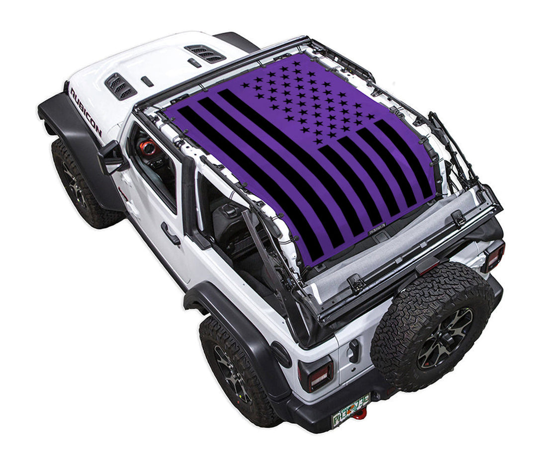 SpiderWebShade sun shade for Jeep Wrangler JL 2-Door; purple and black flag print top