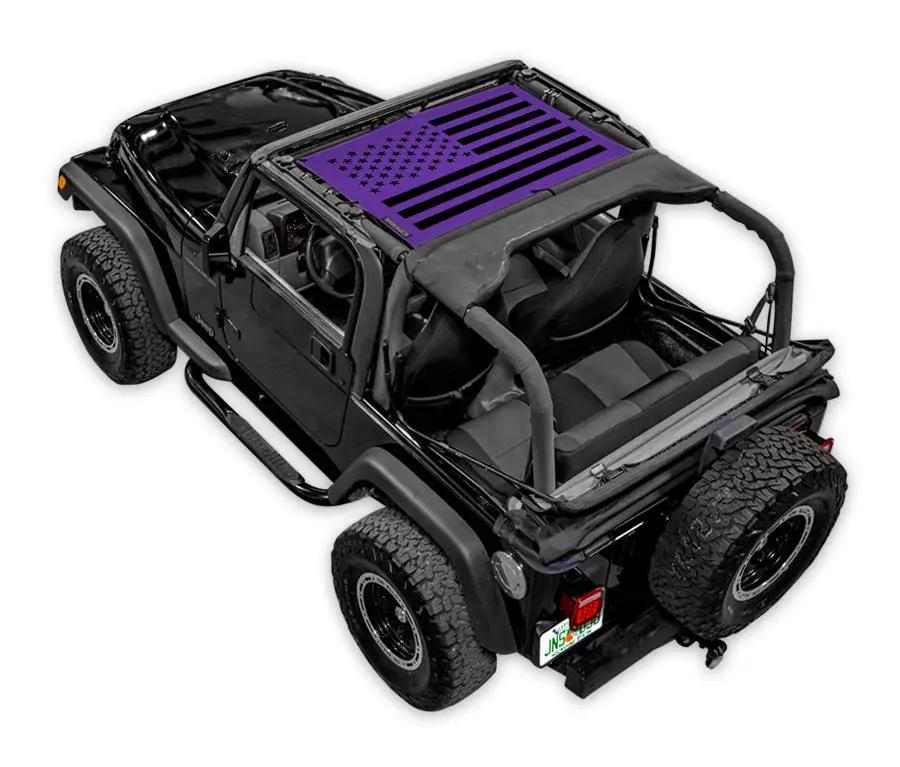 Sun shade for Jeep Wrangler TJ (1997–2006), SPIDERWEBSHADE stock printed top with purple American flag design.