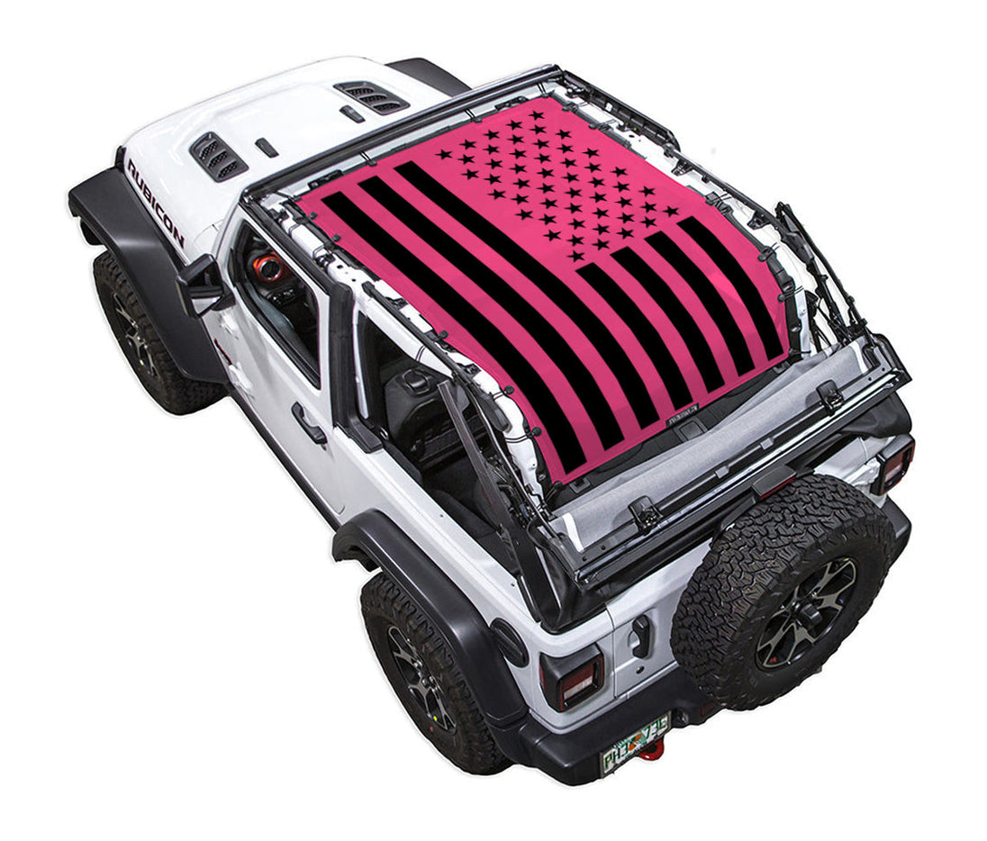 Sun shade for Jeep Wrangler JL 2-Door by SpiderWebShade; pink and black flag design