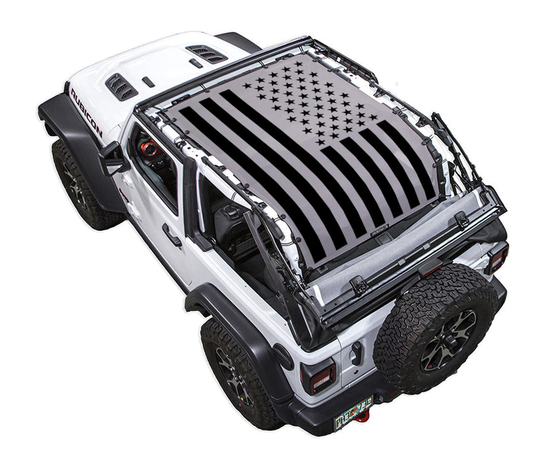 Sun shade for Jeep Wrangler JL 2-Door by SPIDERWEBSHADE with black American flag print.
