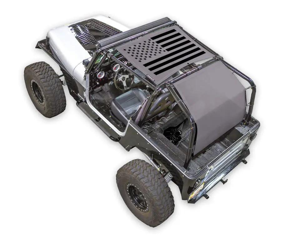 Sun Shade for Jeep Wrangler YJ by SPIDERWEBSHADE, gray stock printed shade top (1987–1996)