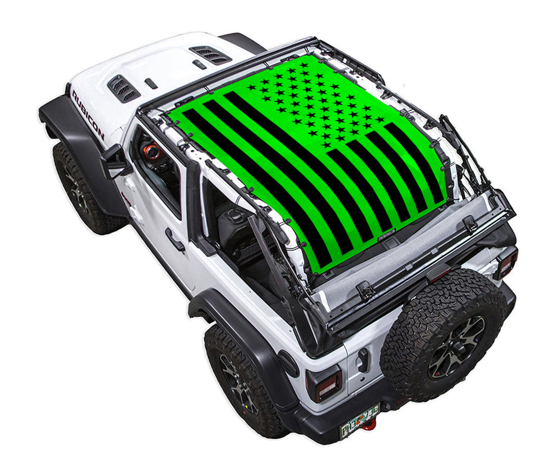 Sun Shade for Jeep Wrangler JL 2-Door, neon green printed shade top by SpiderWebShade