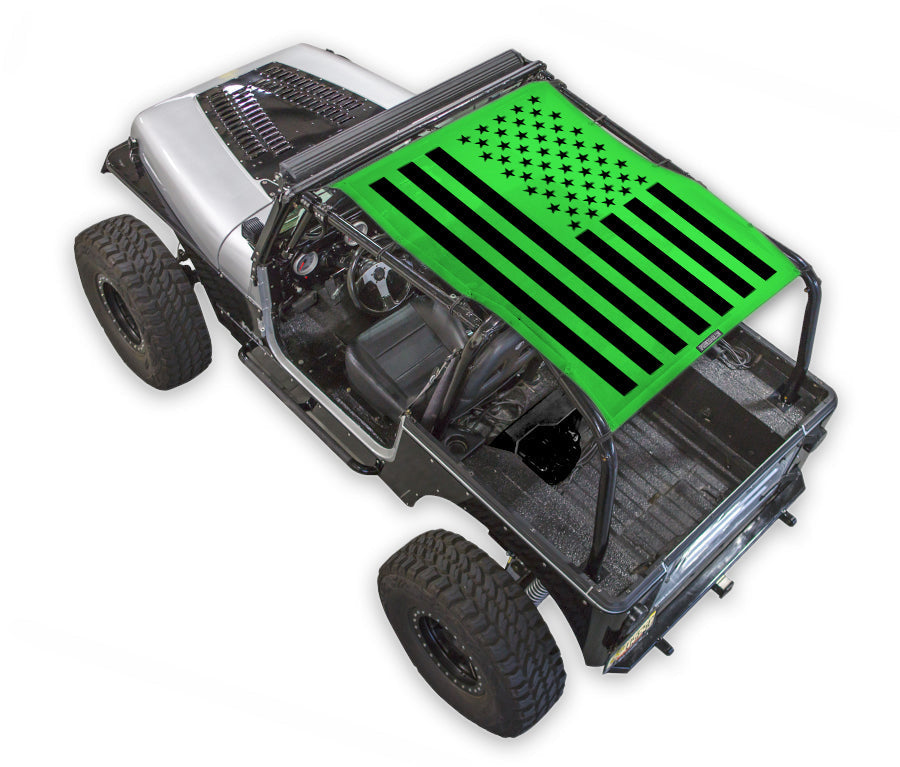 SPIDERWEBSHADE sun shade for Jeep Wrangler YJ, green printed top with black US flag stripes