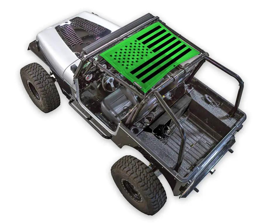 Sun shade for Jeep Wrangler YJ 1987–1996 by SPIDERWEBSHADE, neon green with black flag print