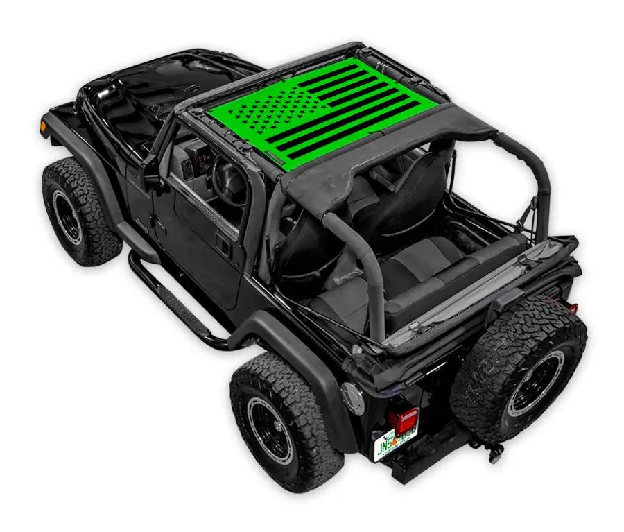 SpiderWebShade sun shade for Jeep Wrangler TJ (1997–2006) with stock green American flag design