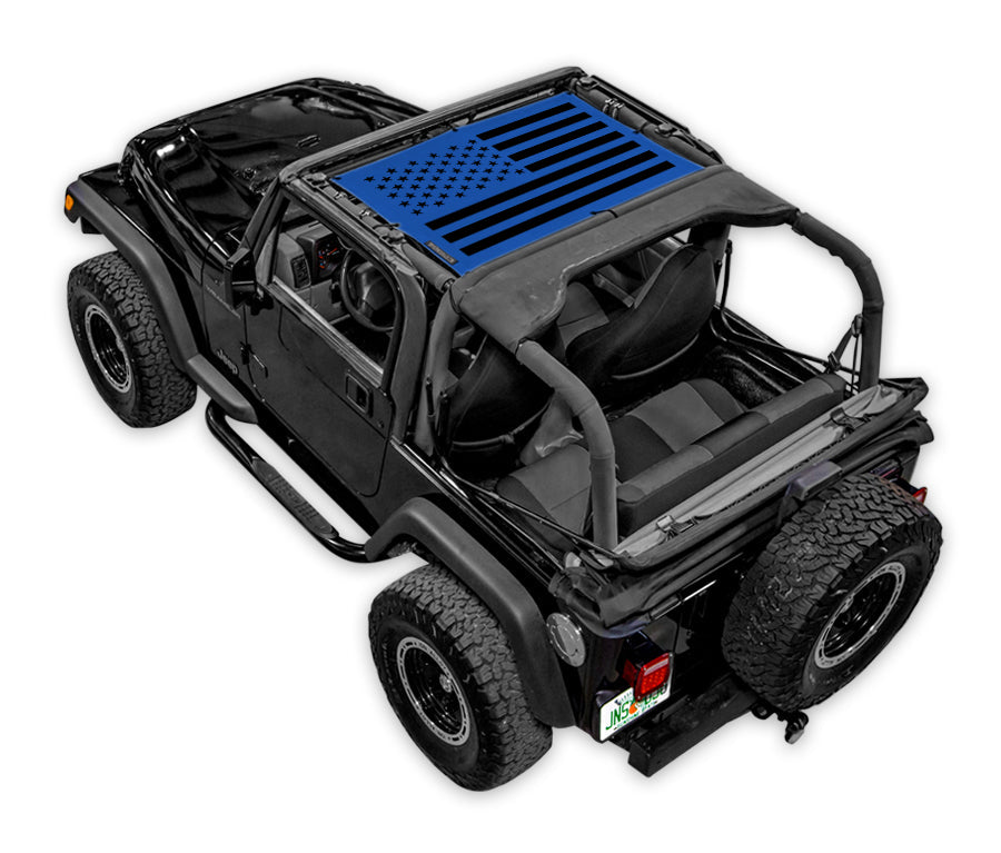 SpiderWebShade Sun Shade for Jeep Wrangler TJ (1997–2006) with blue American flag print