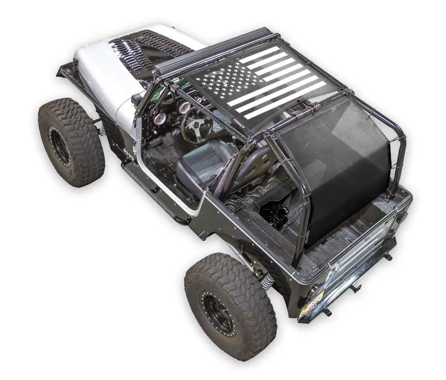 Sun shade top for Jeep Wrangler YJ with black-and-white American flag print by SPIDERWEBSHADE