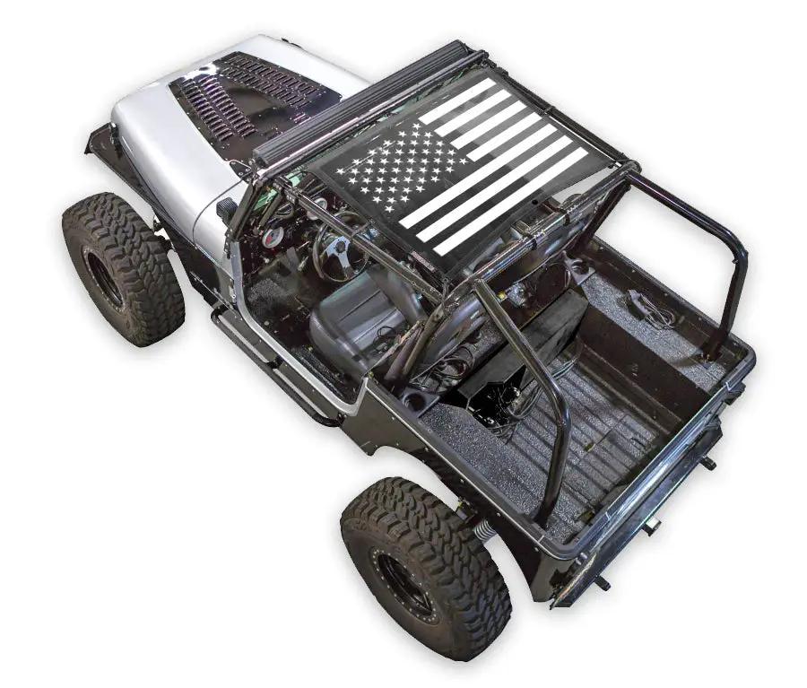 Sun Shade for Jeep Wrangler YJ by SPIDERWEBSHADE, black-and-white American flag print (1987–1996)