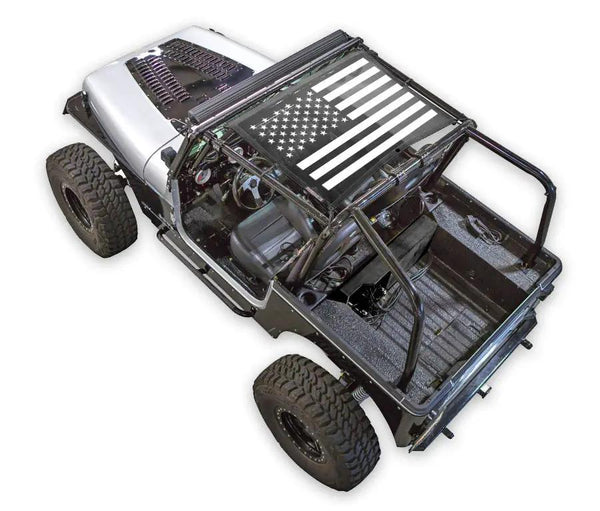 Sun Shade for Jeep Wrangler YJ by SPIDERWEBSHADE, black-and-white American flag print (1987–1996)