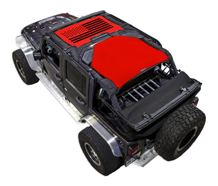 Sun shade for Jeep Wrangler JKU 4-Door by SPIDERWEBSHADE, red stock-printed top.
