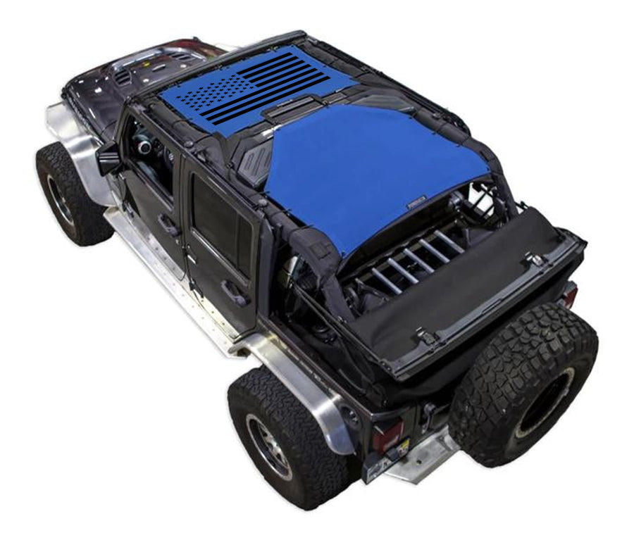 Sun Shade for Jeep Wrangler JKU 4-Door by SPIDERWEBSHADE; blue stock-printed top