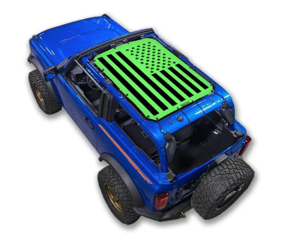SPIDERWEBSHADE Ford Bronco Sun Shade Stock Printed Shade Top with neon-green American-flag print