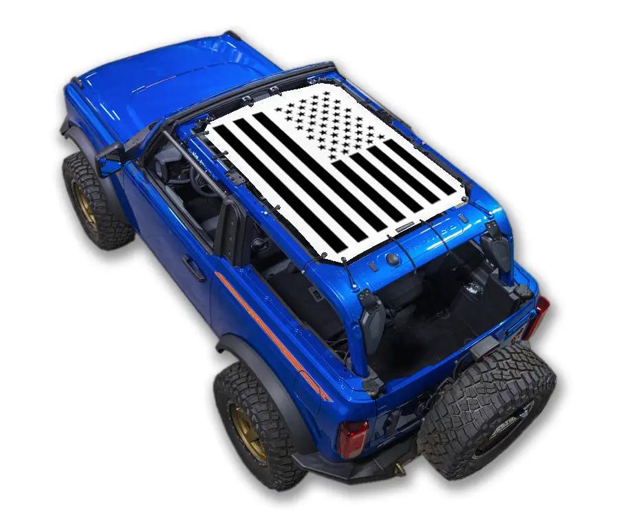 Sun shade top for Ford Bronco (2021–2026) by SpiderWebShade with white base and black American-flag print