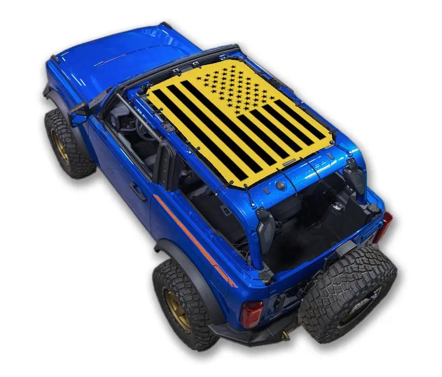 Sun shade top for Ford Bronco (2021–2026) with yellow American flag print on the blue Bronco roof