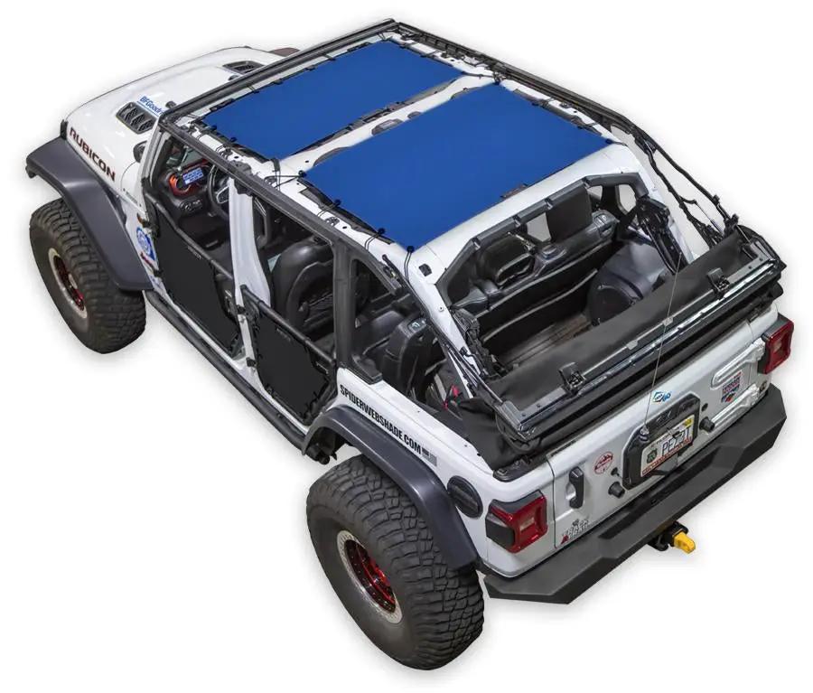 Sun shade for Jeep Wrangler JLU 4-Door by SpiderWebShade; solid blue shade panels