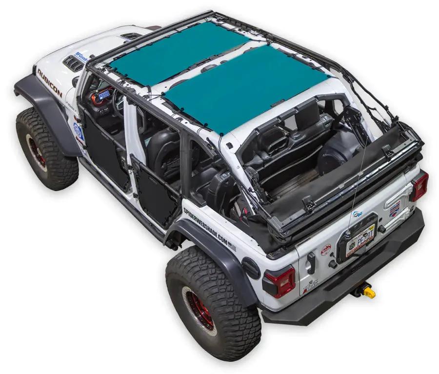 Sun shade top for Jeep Wrangler JLU 4-Door by SpiderWebShade, teal solid panels on white exterior.
