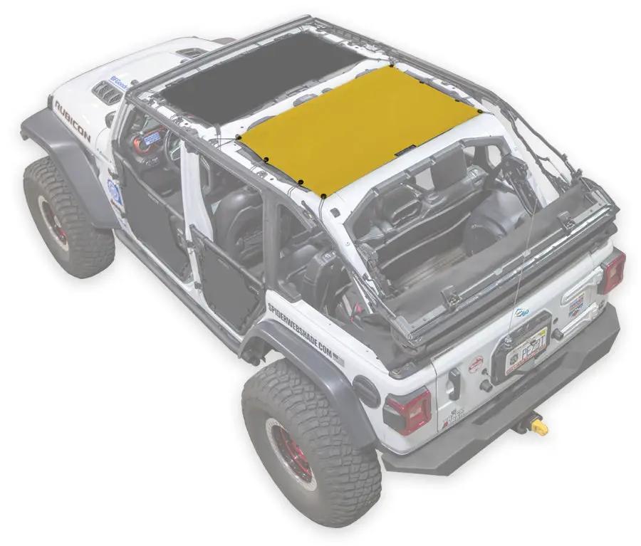 Sun Shade for Jeep Wrangler JLU 4-Door by SPIDERWEBSHADE; solid yellow shade top mounted over exposed roll bars