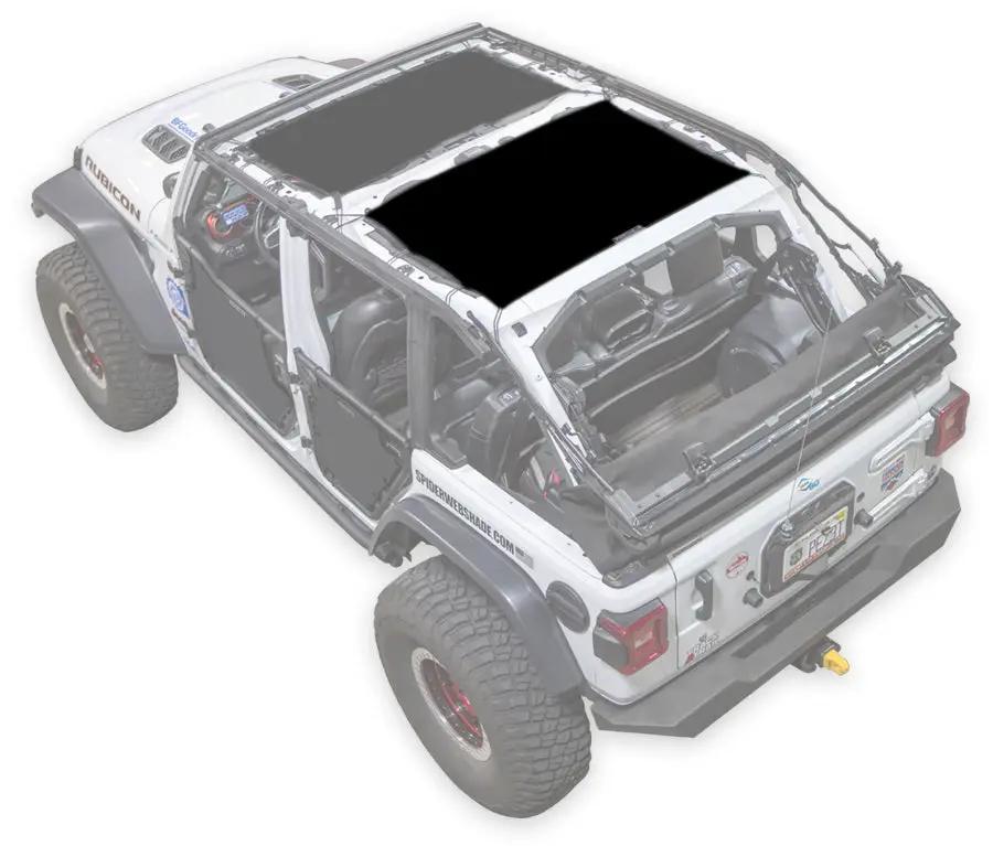 Sun shade top for Jeep Wrangler JLU 4-Door by SpiderWebShade; solid black shade on white Jeep