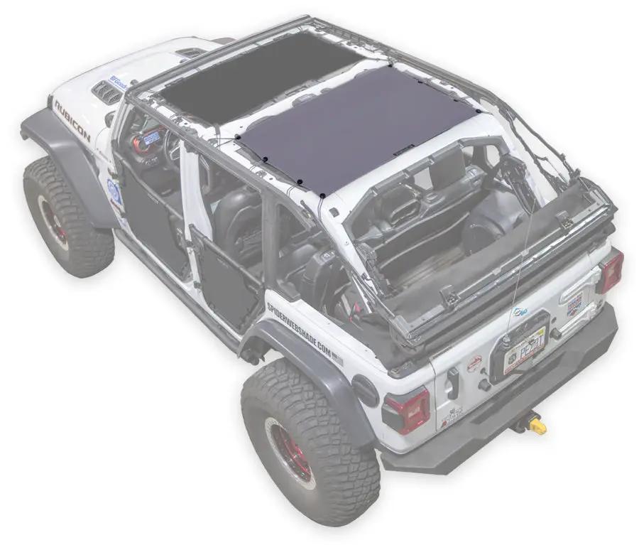 Sun shade for Jeep Wrangler JLU 4-Door by SpiderWebShade; solid charcoal shade top.