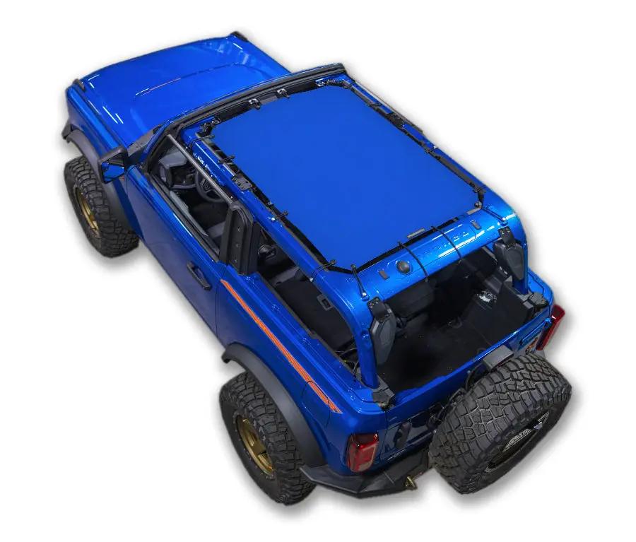 Ford Bronco sun shade top by SpiderWebShade, solid blue color, 2021–2026
