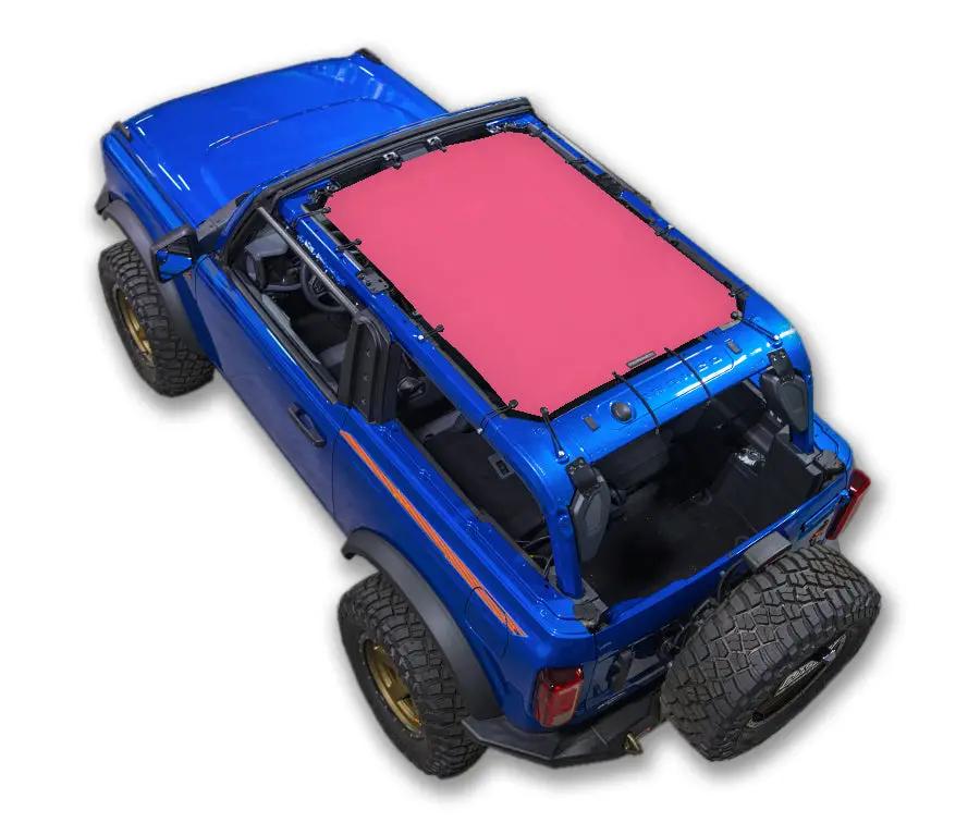 Ford Bronco sun shade solid color top, red shade panel on blue 2021–2026 model
