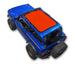 Sun Shade for Ford Bronco 2021–2026 by SpiderWebShade; orange stock-printed shade top on blue Bronco SUV