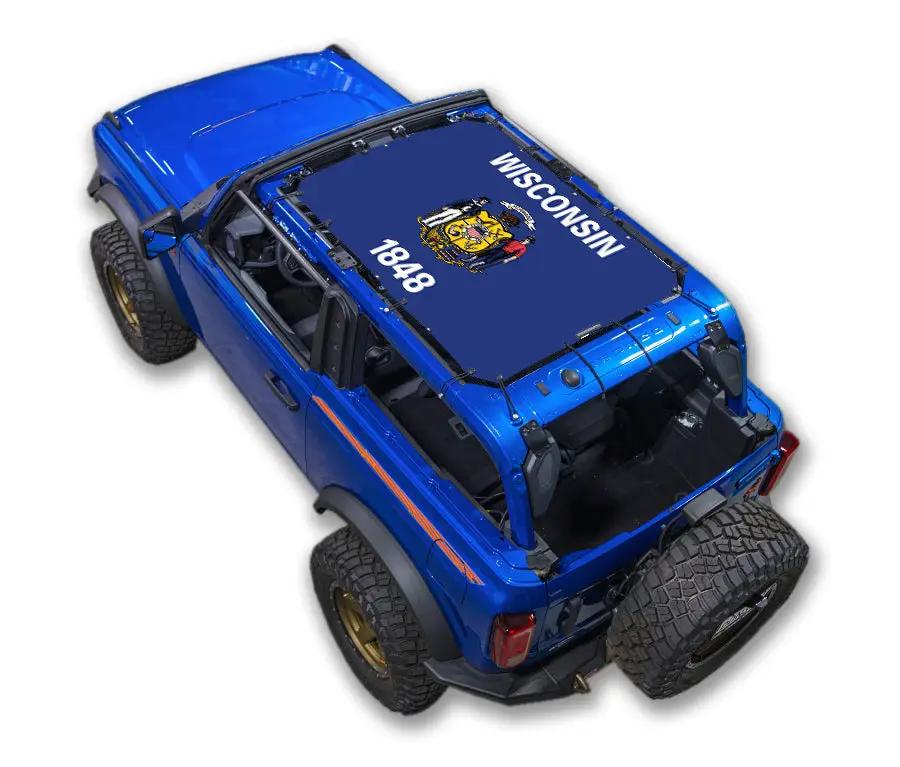 Sun Shade for Ford Bronco (2021–2026) by SpiderWebShade; blue stock printed shade top with Wisconsin flag design
