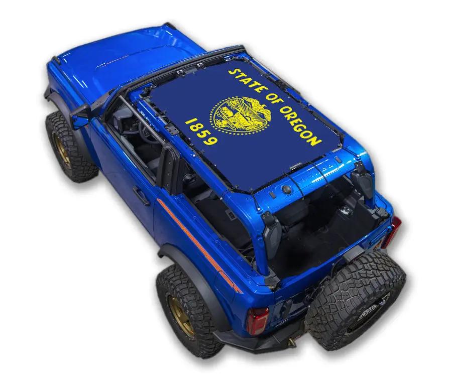 Sun shade top for Ford Bronco (2021–2026) in blue with Oregon state flag graphic