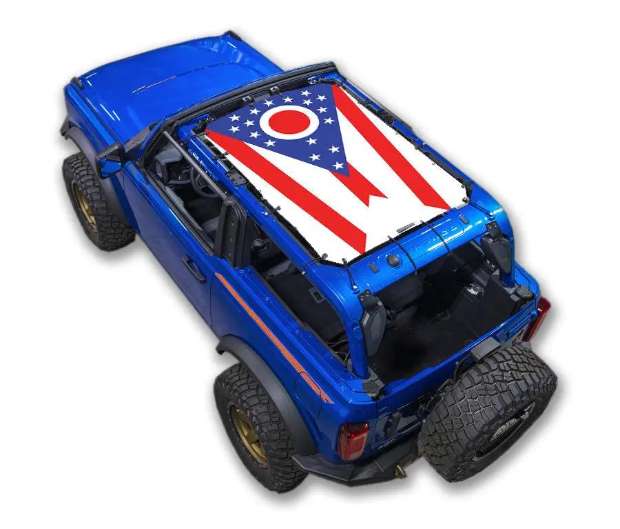 Sun shade top for Ford Bronco (2021–2026) with American flag print on blue Bronco