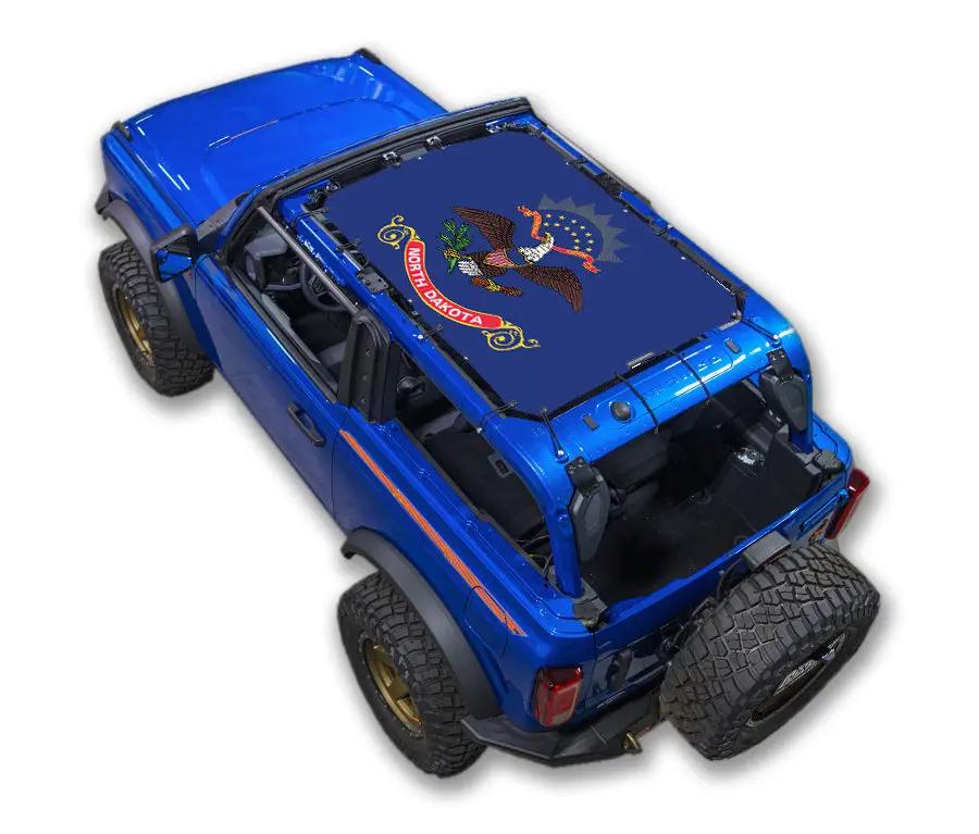 Sun shade top for Ford Bronco (2021–2026) in blue with North Dakota flag eagle print by SpiderWebShade