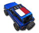 Sun shade top for Ford Bronco 2021–2026; blue SPIDERWEBSHADE printed shade with flag motif