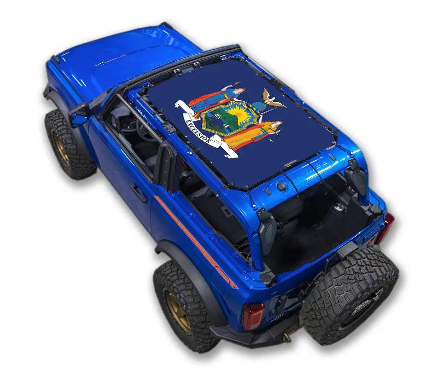 Sun Shade top SPIDERWEBSHADE for Ford Bronco (2021–2026); navy printed shade with artwork on roof