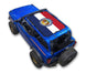 Ford Bronco sun shade by SPIDERWEBSHADE; blue stock printed top with red-white-blue flag design
